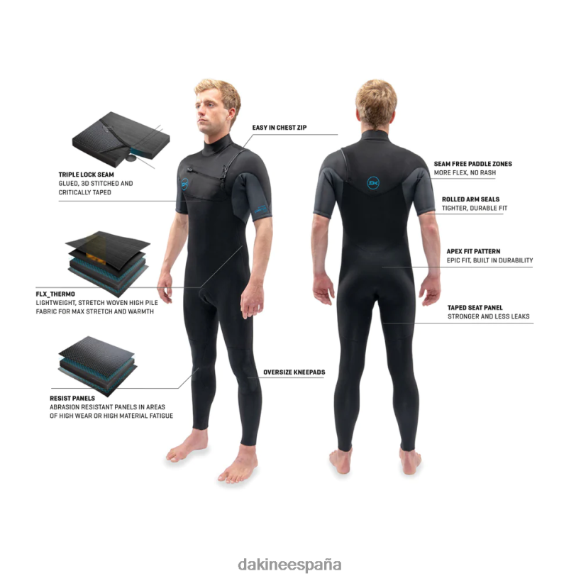 Traje de neopreno completo de manga corta con cremallera en el pecho Quantum 2/2 mm Gris oscuro Dakine hombres ropa 2VTF0X102 - Image 5